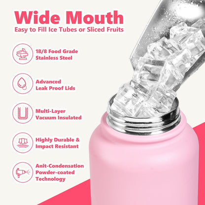 Insulated Water Bottle with Lid & Boot & Stickers, 24 oz Stainless Steel Sweat Free Bottle Keep Cold 24H, BPA-Free Sports Wide Mouth Water Bottle, BlueBlack