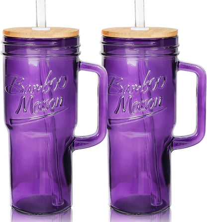 ANOTION Bamboo Mason Leakproof Mason Jar Cups with Lids and Straws, Cap Cup 24oz Glass Tumbler with Handle, Rotating Lid Silicone Straw, Reusable Iced Coffee Matcha Cup Coffee Gifts for Women 2pc