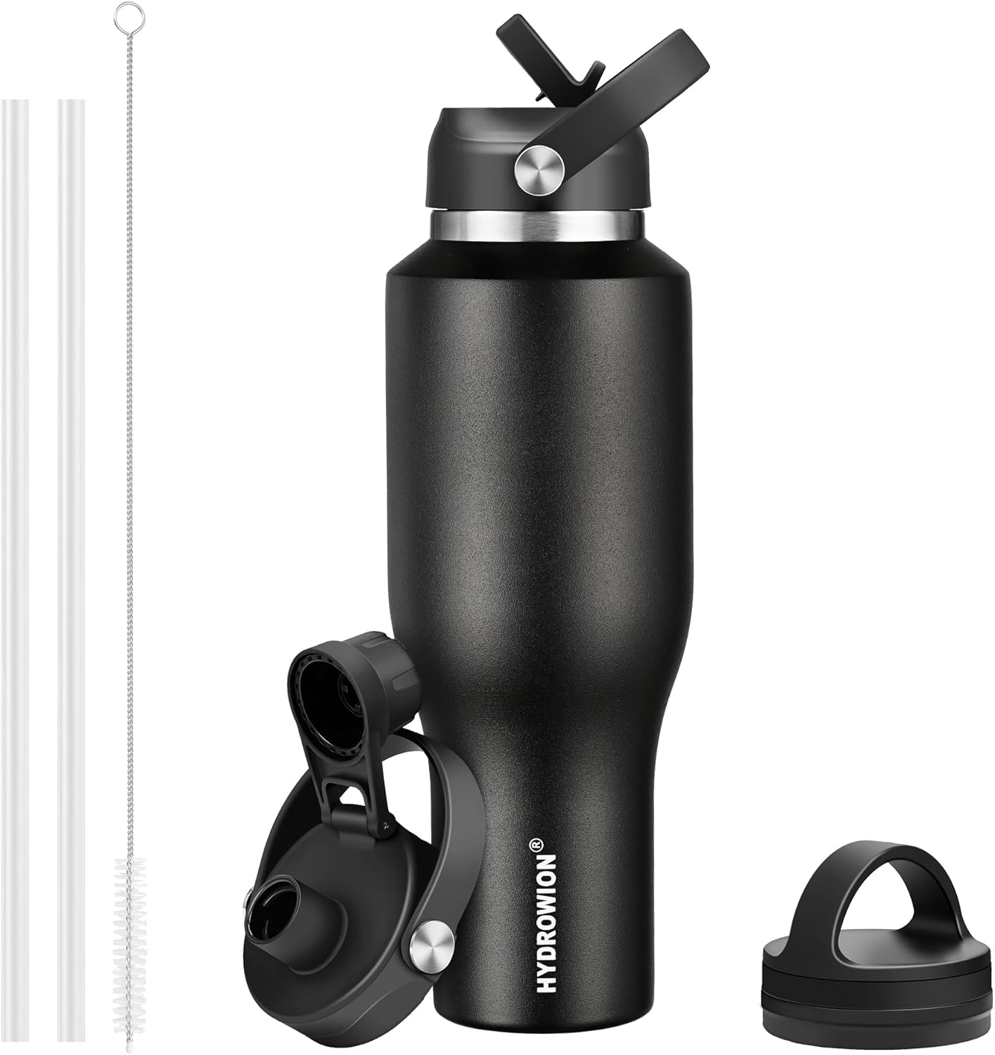 HYDROWION 32oz Stainless Steel Water Bottle(Cold for 48 Hrs, Hot for 24 Hrs),Double Wall Vacuum Insulated Water Bottle with Straw Lid, Spout Lid and Flex Cap, Fit in Any Car Cup Holder,Black