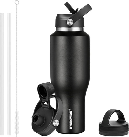 HYDROWION 32oz Stainless Steel Water Bottle(Cold for 48 Hrs, Hot for 24 Hrs),Double Wall Vacuum Insulated Water Bottle with Straw Lid, Spout Lid and Flex Cap, Fit in Any Car Cup Holder,Black