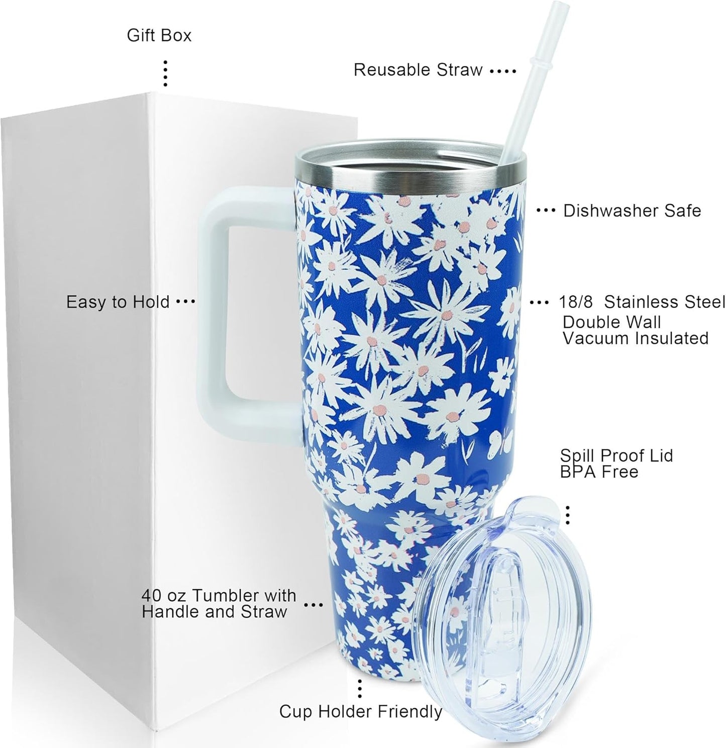 40 oz Tumbler with Handle and Straw Lid Leak Proof | You're Awesome Inspirational Mother's Day Birthday Gifts for Women Men Coworker Friends | Stainless Steel Cup Dishwasher Safe
