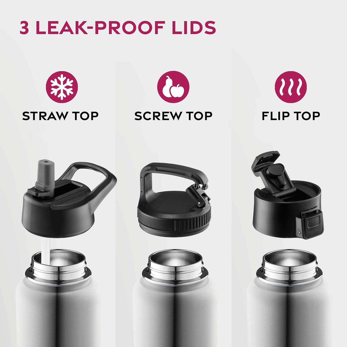 FineDine Water Bottle - Stainless Steel Insulated Water Bottle with Straw Lid, Flip Lid & Wide-Mouth Cap - Keeps Hot and Cold - 25 Oz / 739ml - Dreamy Purple