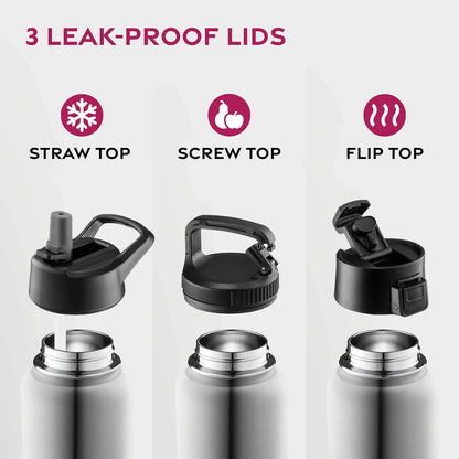 FineDine Water Bottle - Stainless Steel Insulated Water Bottle with Straw Lid, Flip Lid & Wide-Mouth Cap - Keeps Hot and Cold - 25 Oz / 739ml - Dreamy Purple
