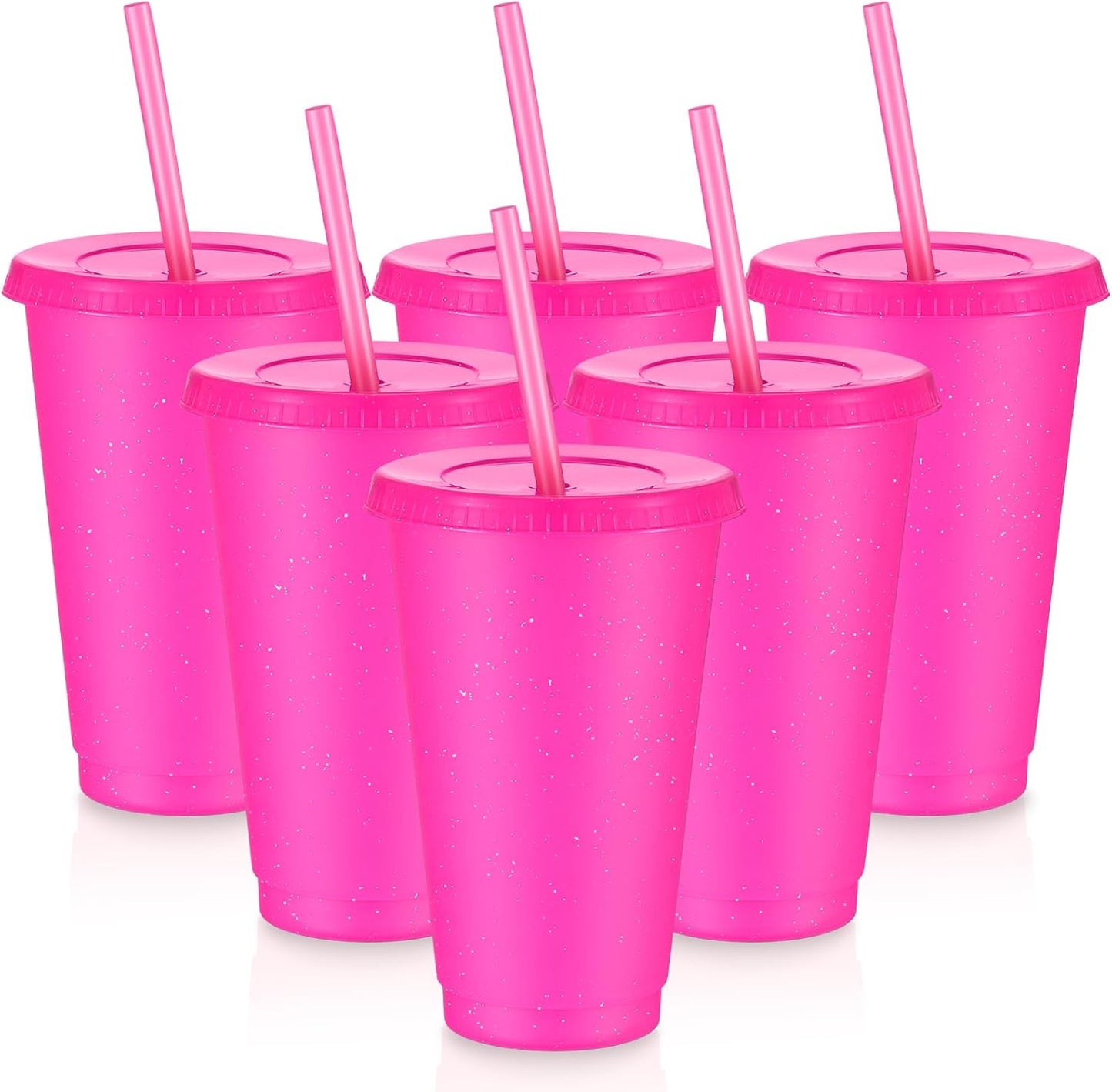 Uiifan 6 Pcs 24 oz Reusable Tumbler with Lids and Straws Plastic Iced Coffee Tumbler Glitter Travel Mug Cup for Smoothie Juices Birthday Party Cold Drink Coffee Cup Bulk for Adult Kid Women (Clear)