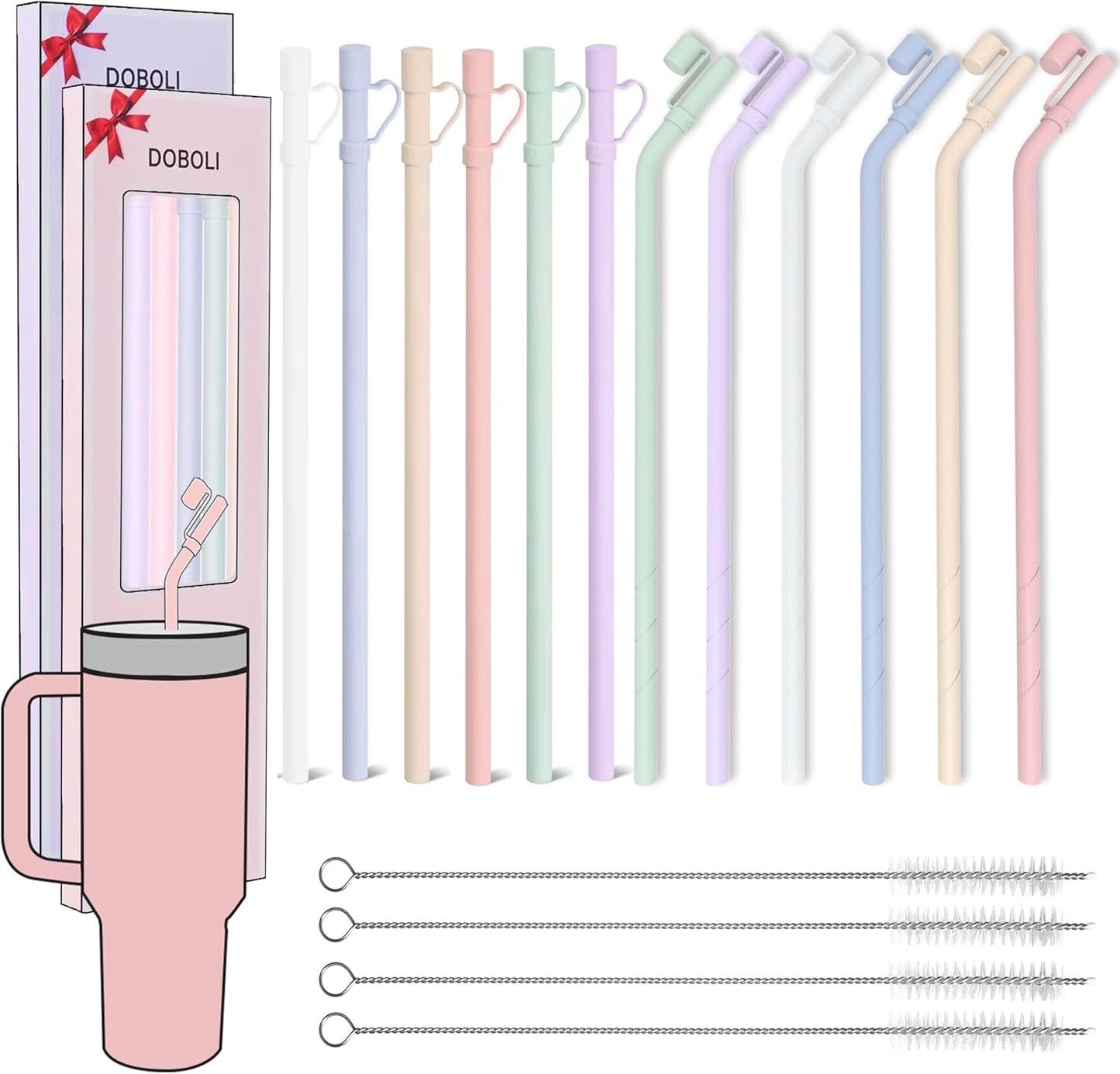 Reusable Replacement 12 inch Long Silicone Straw With Cover, Stocking Stuffers Gifts for Women Men Teens Girls Boys, Compatible with Stanley Tumbler Cup Accessorie 40 oz 30 oz (6 Pack)