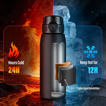 Insulated Water Bottle 24 oz with Dustproof Lid, Carry Handle & Tea Infuser, BPA-Free & Leakproof, Stainless Steel Water Bottles Ideal for Fitness, Hiking, Office & Outdoor Use (Black)