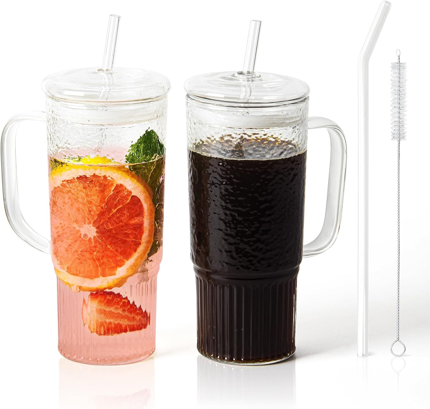 JunVpic Glass Cups with Lids and Straws,24oz Glass Tumbler with Handle Iced Coffee Cup for Coffee,Juice,Tea,Milk,Smoothie,Hot & Cold Drinks (Pink)