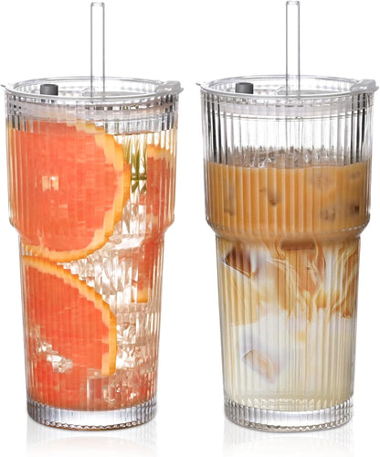 20oz Ribbed Glass Cups with Lids and Straws,1PCS Glass Tumbler with Straw and Lid,Iced Coffee Cups Drinking Glasses for Juice Whiskey Cocktail Beer