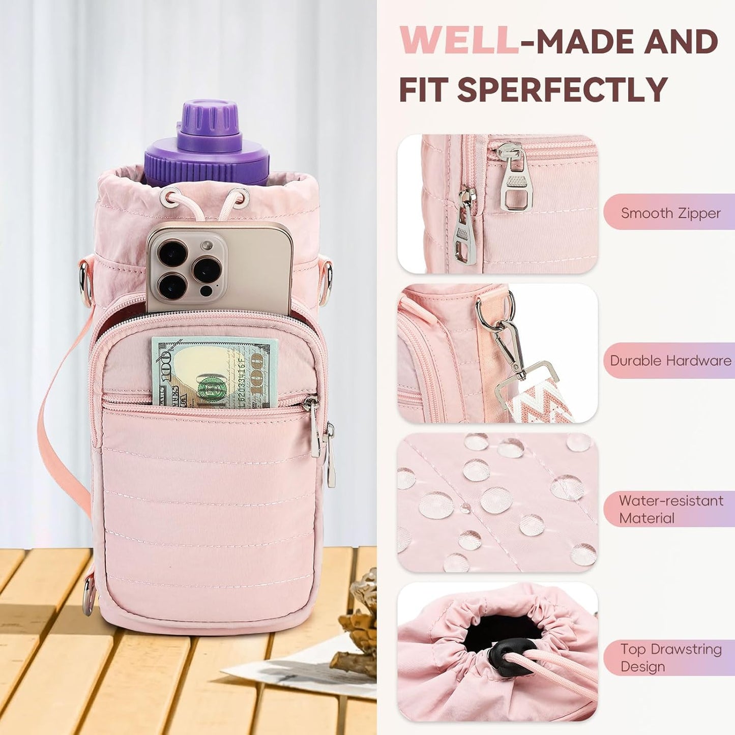 Water Bottle Carrier Bag with Strap, Sling Bag for Walking, Hiking, Cycling, Black, 40 Ounces