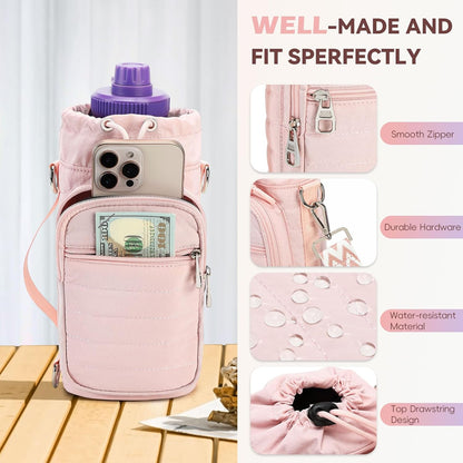 Water Bottle Carrier Bag with Strap, Sling Bag for Walking, Hiking, Cycling, Black, 40 Ounces