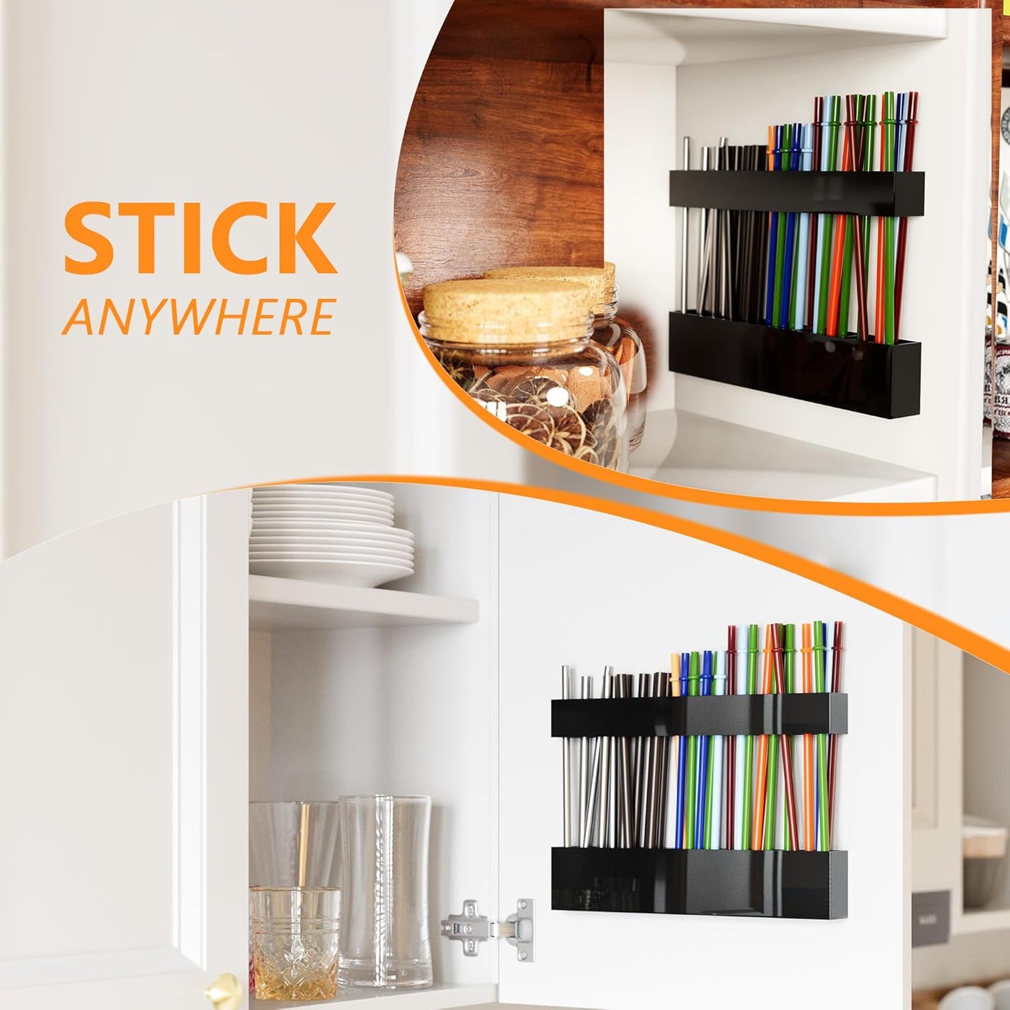 Acrylic Straw Holder for Cabinet Door, Reusable Tumbler Straw Organizer Storage inside Cabinet, Kitchen Accessories for Utensil, Ultra Sticky Adhesive Mounted, Black