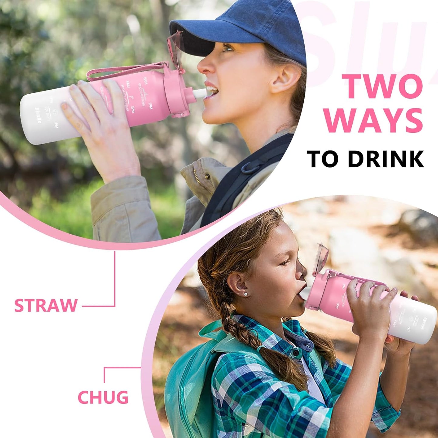 SLUXKE 24oz Insulated Water Bottle 18/10 Stainless Steel with 2Lids(Straw Lid& Spout Lids), 700ml Double Wall Vacuum Water Bottle with Handle Keep Cold and Hot for Men, Women & Kids PURPLE PINK