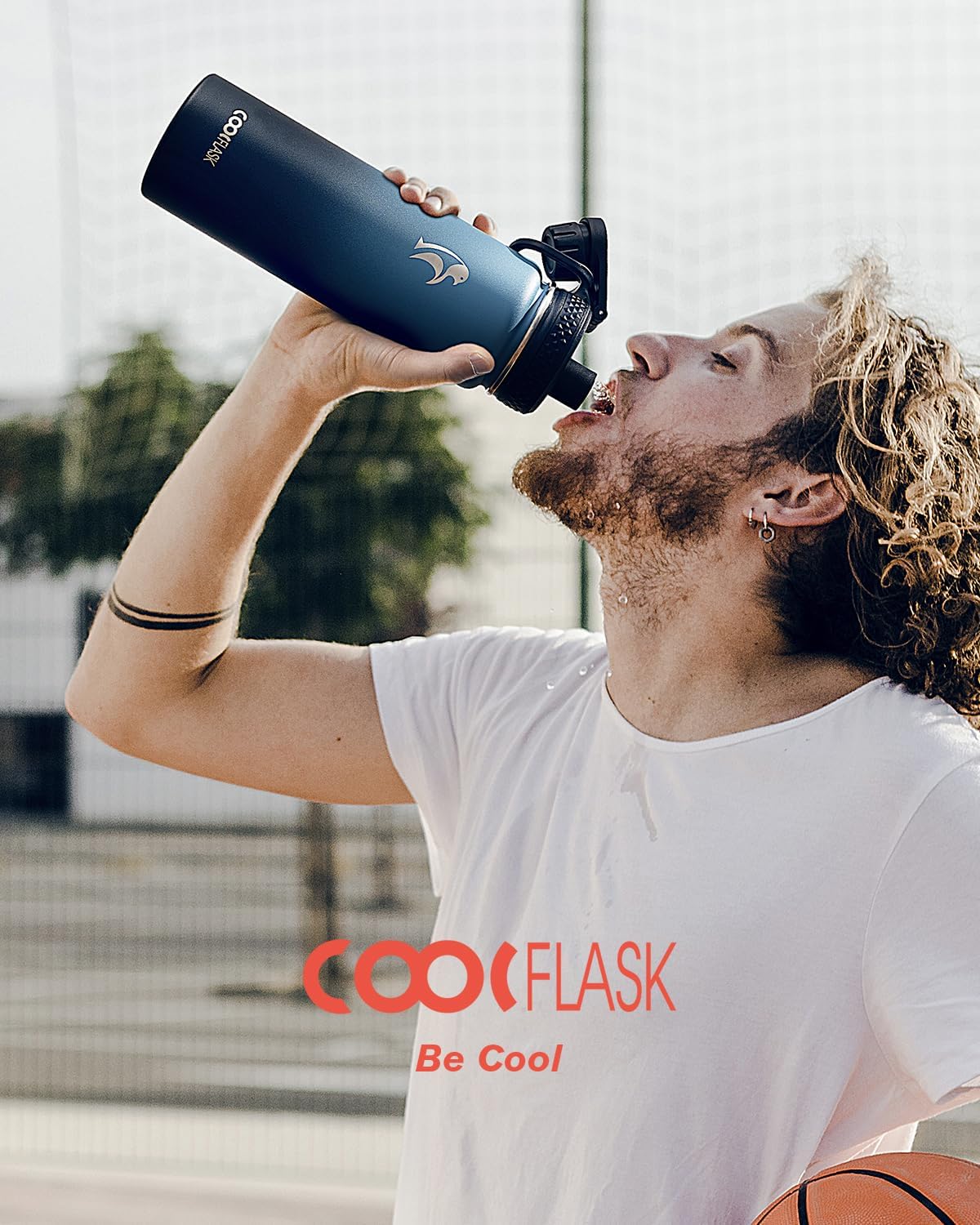 Half Gallon Water Bottle Insulated with Straw & 3 Lids, Coolflask 64 oz Water Jug Large Metal Stainless Steel Wide Mouth for Sports, Gym or Office, Non-BPA Keep Cold 48H Hot 24H, Samurai Cyan