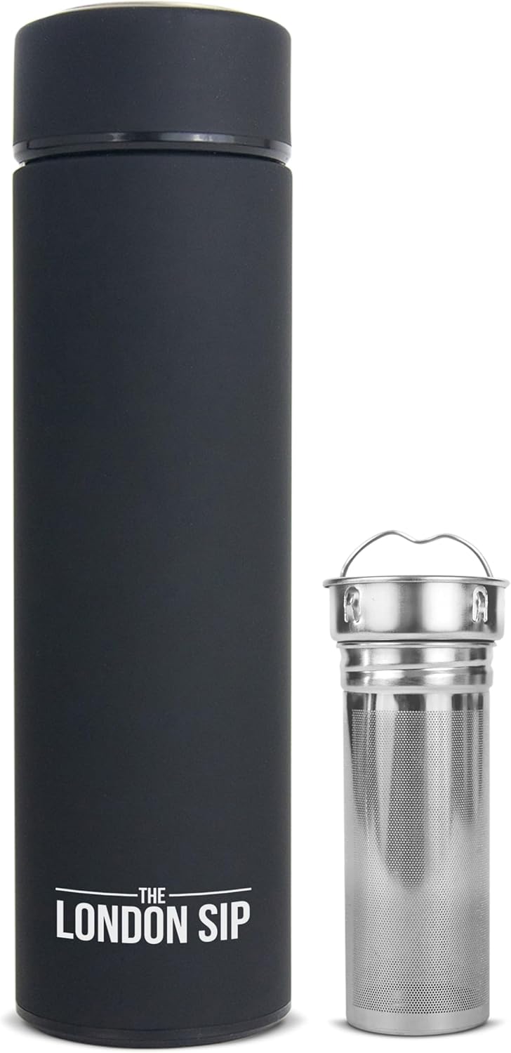 The London Sip Multi-Purpose Travel Mug and Tumbler Fruit Infused Flask Hot and Cold Double Wall Stainless Steel Thermos with Extra-Long Infuser, Purple