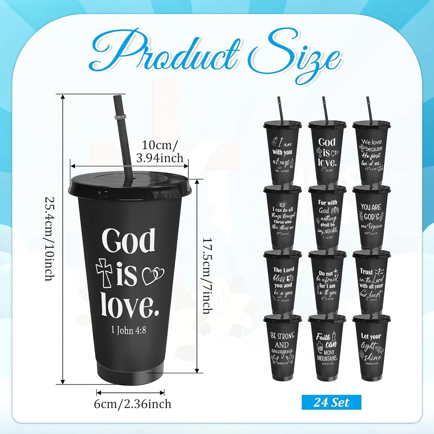 Cinrobiye 24 Pcs Jesus Loves You Tumblers Bulk, 24 oz Christian Plastic Cups with Lids and Straws, Reusable Religious Gift Cups for VBS, Sunday School, Church Events, Bible Study Party Favors