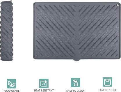 Dish Drying Mat, Silicone Dish Drying Mat for Kitchen Counter, Dish Drainboard Mat with Built-in Drain, Non-silp, Heat Resistant, Dishwasher Safe (Black, 14.6"x10.3")