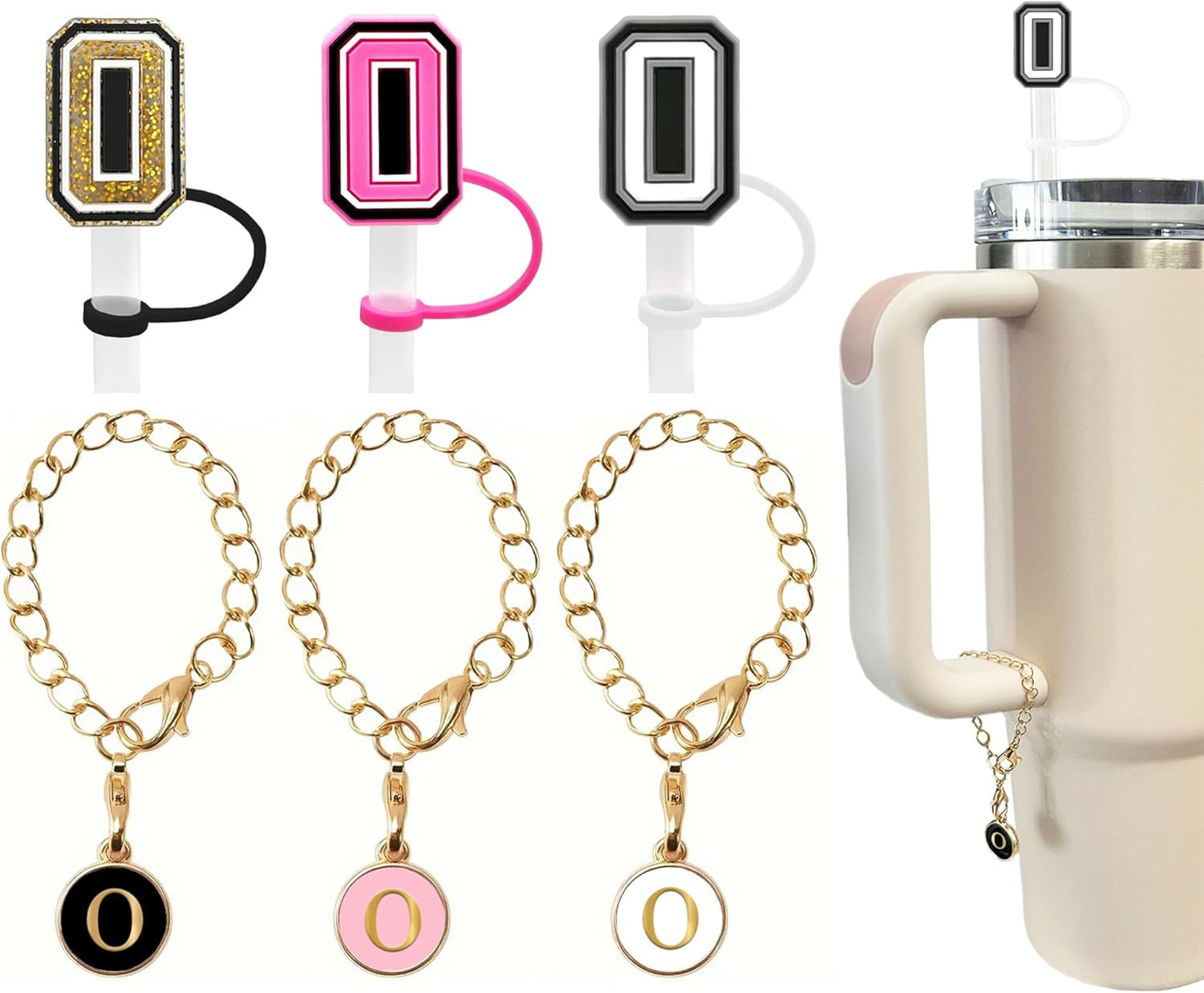 （3 +3) 3PCS Nuozme Straw Cover 10mm For Stanley Tumbler Cup Reusable Straw Cap Topper with 3 Initial Letter Charms Accessories Name ID Personalized Handle Charm For Stanley 30&40 Oz Cup Tumbler - Colors B