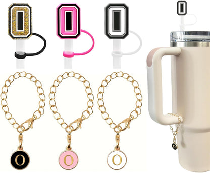 （3 +3) 3PCS Nuozme Straw Cover 10mm For Stanley Tumbler Cup Reusable Straw Cap Topper with 3 Initial Letter Charms Accessories Name ID Personalized Handle Charm For Stanley 30&40 Oz Cup Tumbler - Colors B