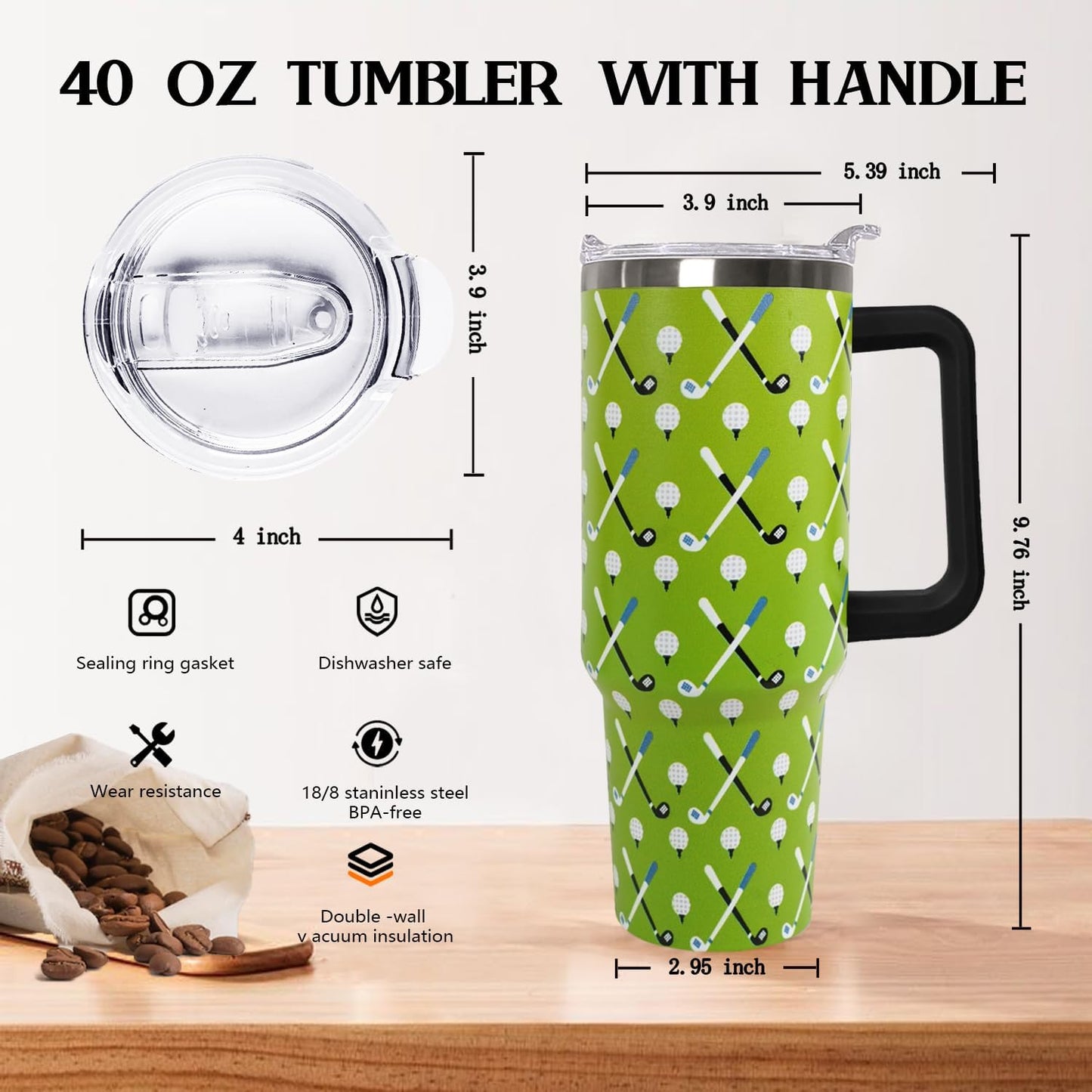 Ceovfoi 40 oz Pickleball Coffee Mug Vacuum Insulated Travel Tumbler with Handle, Lid & Straw - Perfect Pickleball Gifts for Players, Coaches, Lovers | Pickleball Accessories