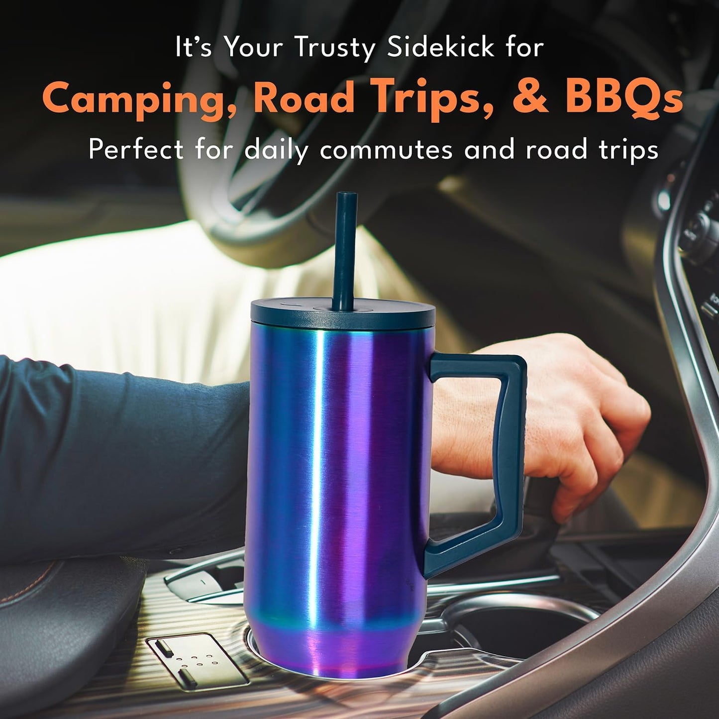Elemental 32 oz 100% Leak Proof Tumbler with Handle & Straw - Stainless Steel Double Wall Insulated Tumbler for Hot and Cold Beverages - Travel Coffee Mug with Sip & Straw Lid - White - Colors B
