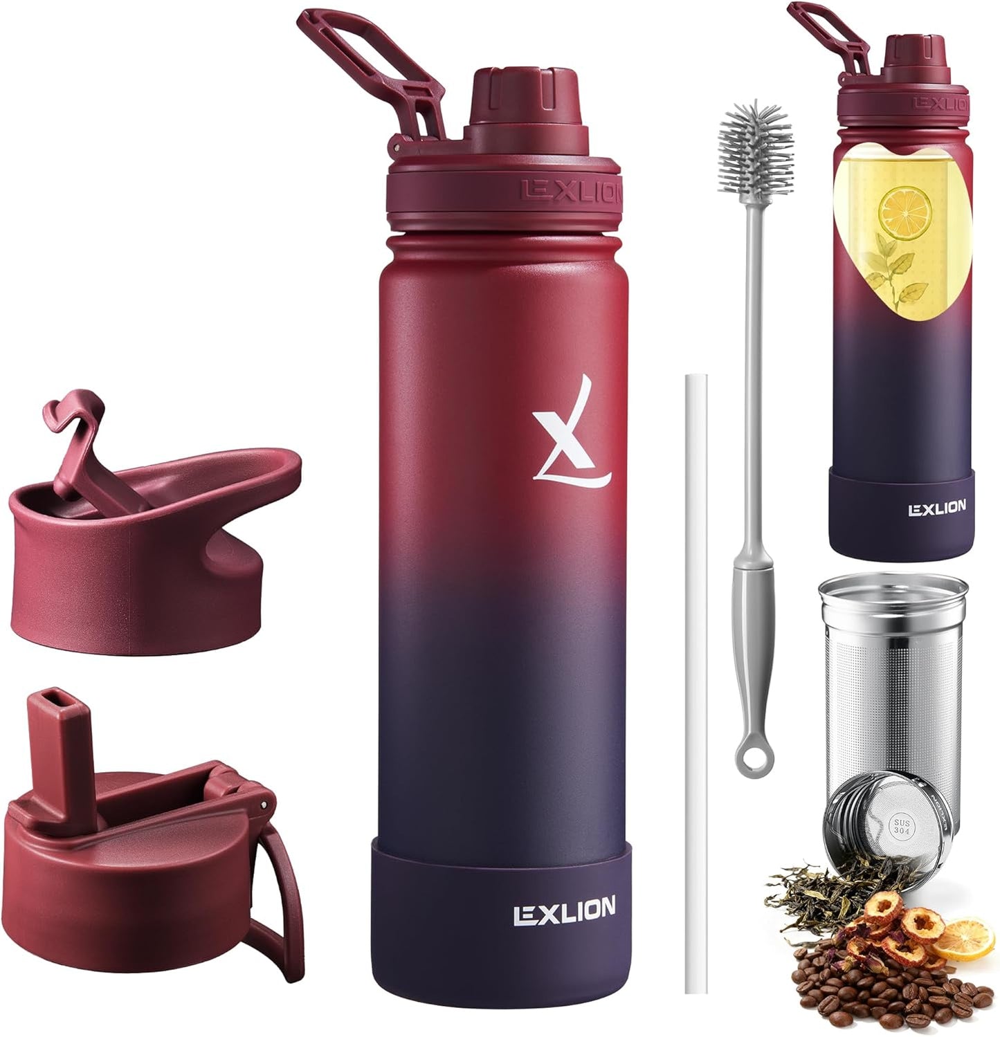 Lexlion Tea Infuser Water Bottle 32 Oz – Triple Wall Insulated Stainless Steel, Loose Leaf & Fruit Strainer, 3 Leakproof Lids, BPA-Free Silicone Sleeve, Reusable Thermal Mug