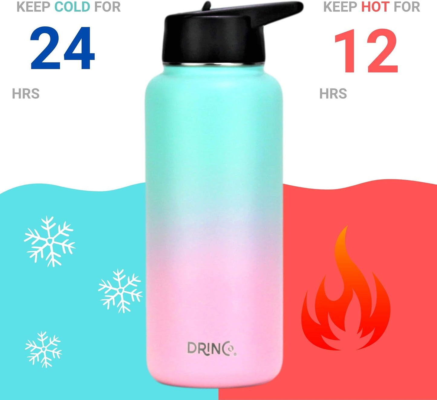 Drinco Stainless Steel Water Bottle Spout Lid Vacuum Insulated Double Wall Water Bottle Wide Mouth (40oz 32oz 22oz 18oz 14oz) Leak Proof Keep Cold Sport Camping Hiking (22 oz, 22oz Black)