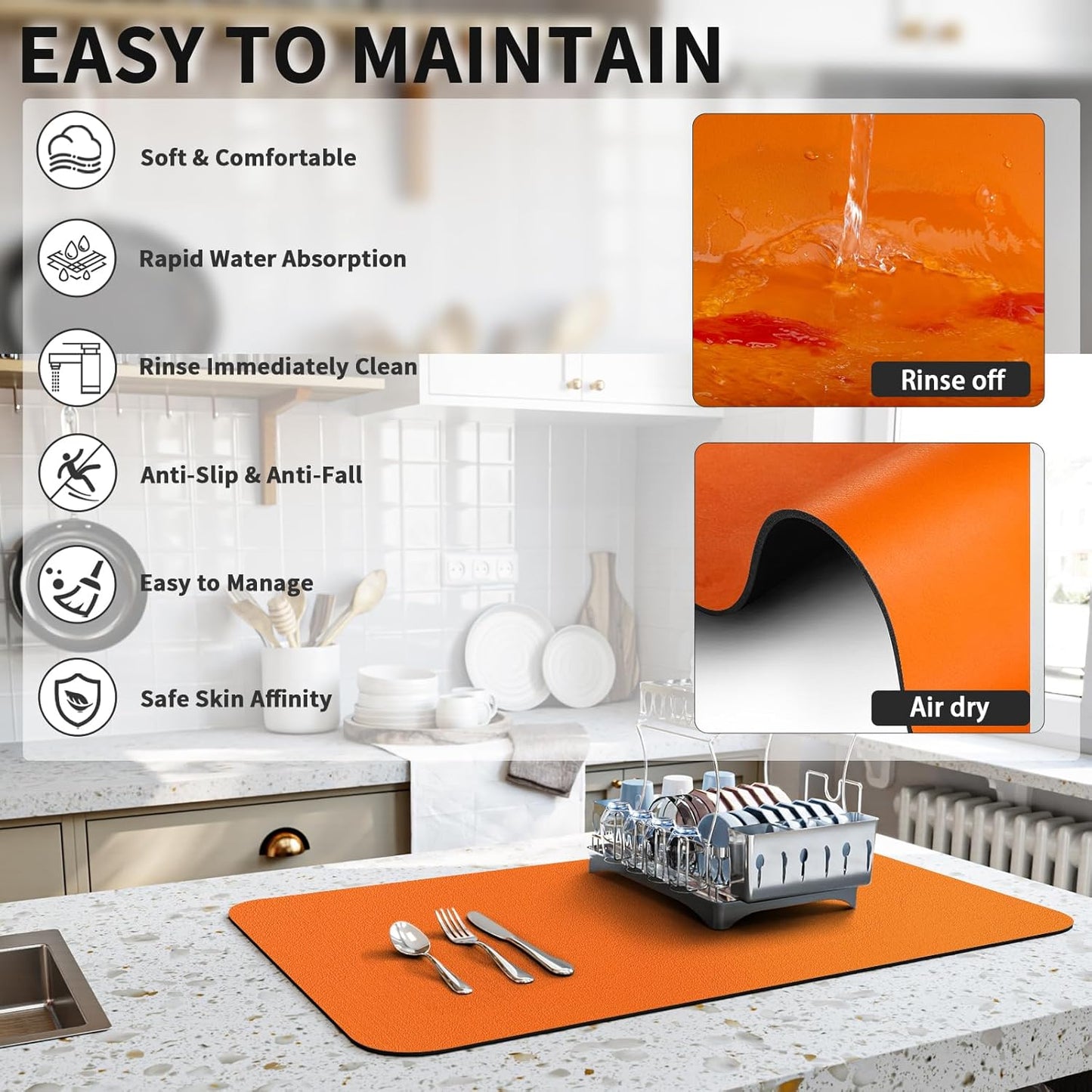 HotLive Dish Drying Mat for Kitchen Counter, Heat Resistant Drainer Mats with Non-slip Rubber Backed, Hide Stain Kitchen Super Absorbent Draining Mat, Easy to Clean Dish Rack Pad, Dark Grey 16"x18"