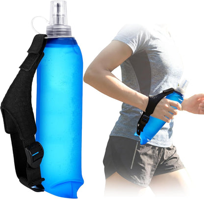 LemonRoad Ultralight Running Collapsible Handheld Water Bottle with Hand Strap 17 Oz/ 500 ml Adjustable Strap Handheld Water Bottle Spill-proof Cap for Running Marathons Hiking Cycling Climbing