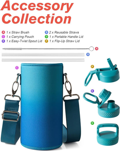 Half Gallon Water Bottle Insulated with Straw & 3 Lids, Coolflask 64 oz Water Jug Large Metal Stainless Steel Wide Mouth for Sports, Gym or Office, Non-BPA Keep Cold 48H Hot 24H, Samurai Cyan