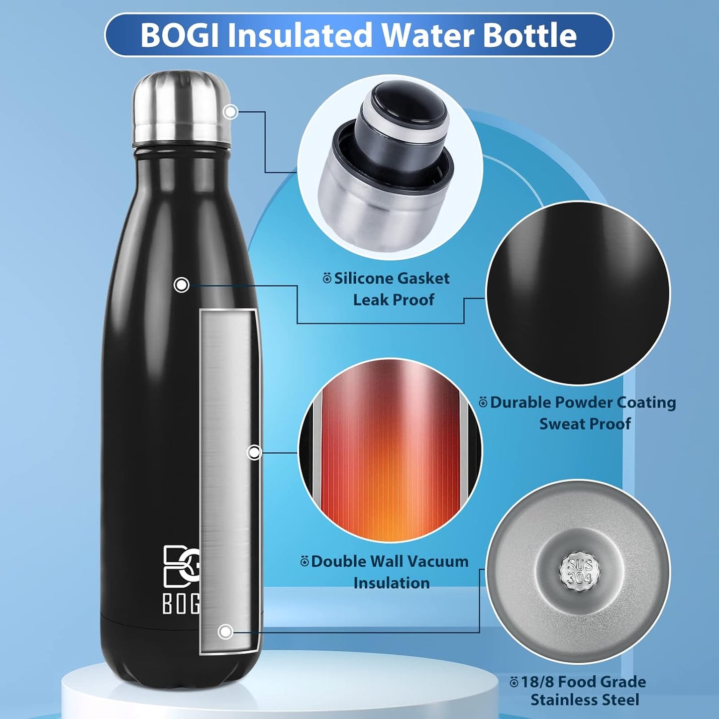 BOGI 17oz Insulated Water Bottle Double Wall Vacuum Stainless Steel Water Bottles, Leak Proof Metal Sports Water Bottle Keeps Drink Hot and Cold - Perfect for Outdoor Sports Camping Biking (Purple)