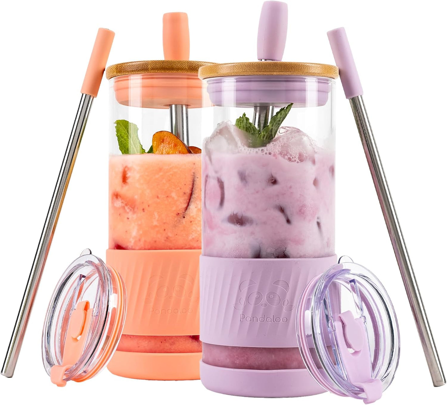 Pandaloo® Glass Cups With Lids and Straws -20 Fl Oz- Perfect Size Iced Coffee Cup - Smoothie Cup With Bamboo Lid and On the go Lid - Glass Tumbler With Straw (1 Count (Pack of 1), Lilac Rhapsody)