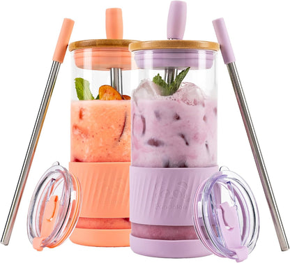 Pandaloo® Glass Cups With Lids and Straws -20 Fl Oz- Perfect Size Iced Coffee Cup - Smoothie Cup With Bamboo Lid and On the go Lid - Glass Tumbler With Straw (1 Count (Pack of 1), Lilac Rhapsody)