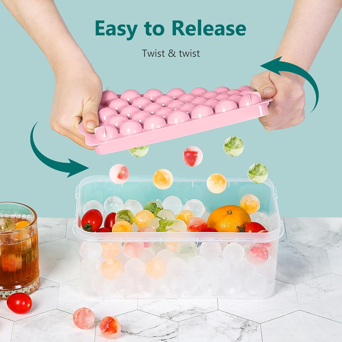Optish 3 Pack Ice Trays for Freezer, 99 PCS Ice Cube Tray with Lid and Bin, Round Ice Cube Mold, Circle Ice Maker for Chilling Drinks (0.8 inch, Pink)