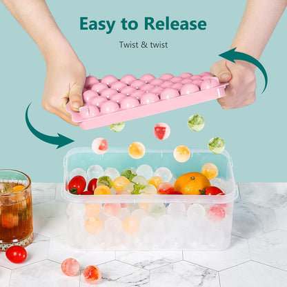 Optish 3 Pack Ice Trays for Freezer, 99 PCS Ice Cube Tray with Lid and Bin, Round Ice Cube Mold, Circle Ice Maker for Chilling Drinks (0.8 inch, Pink)