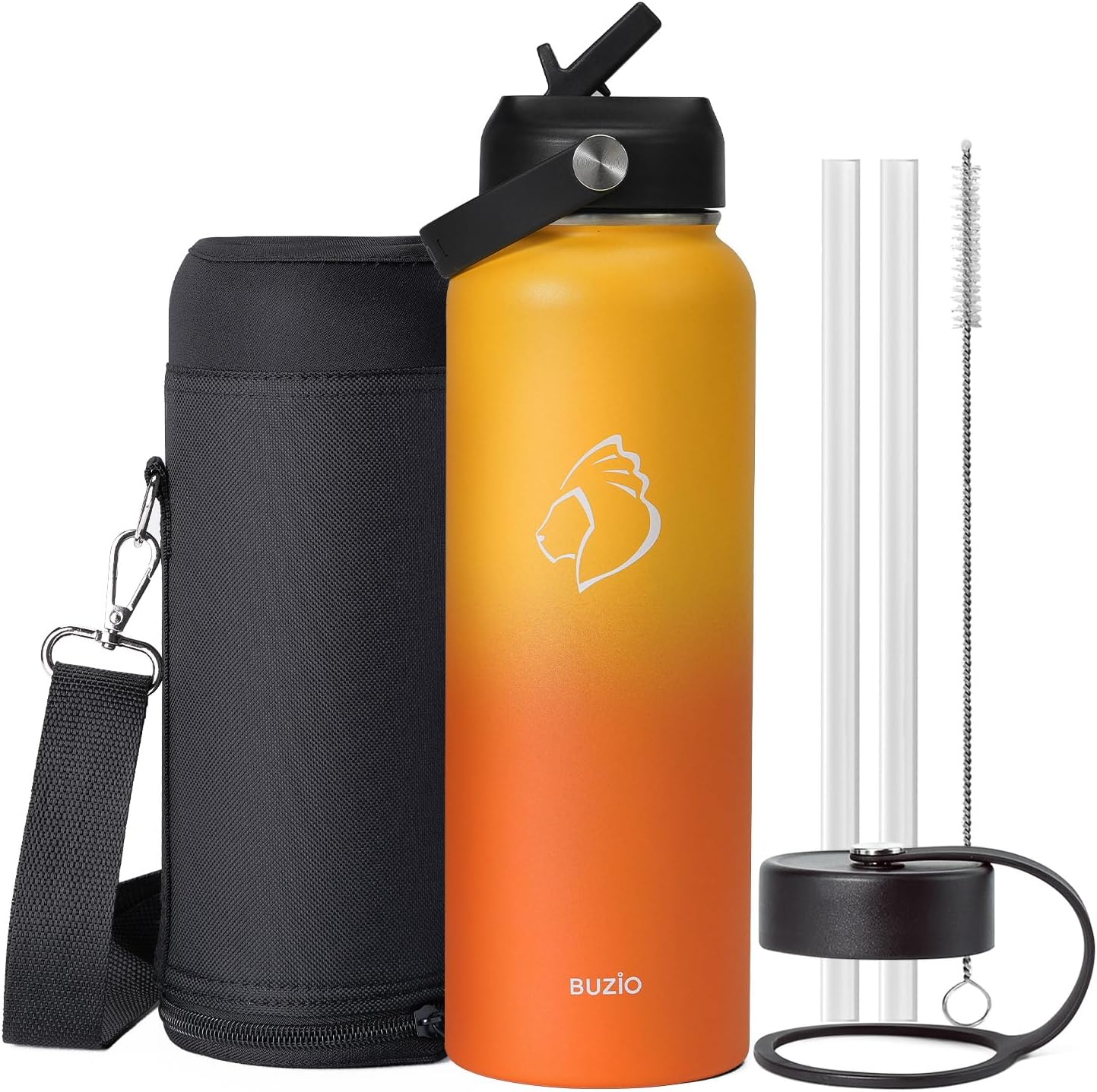 BUZIO 40oz Insulated Water Bottle, Triple Wall Vacuum Stainless Steel Water Flask with 2 lids, Lead-Free BPA-Free Straw Lid Sports Canteen Jug, Cold 48H & Hot 24H- Black - Colors A