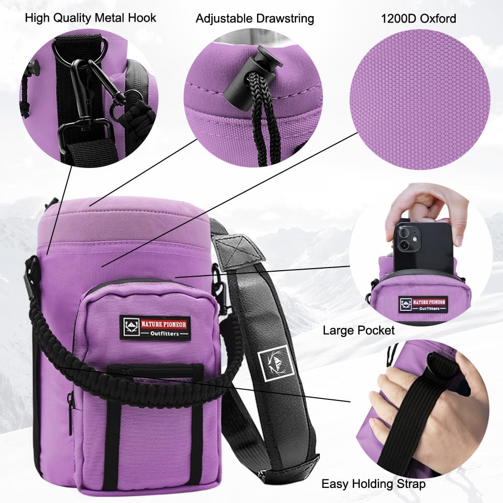 NATURE PIONEOR Water Bottle Holder with Adjustable Strap - Half/One Gallon (64/128oz) Insulated Water Bottle Sling Carrier with Phone Pocket & Paracord Handle, Outdoor Camping, Hiking, Gym