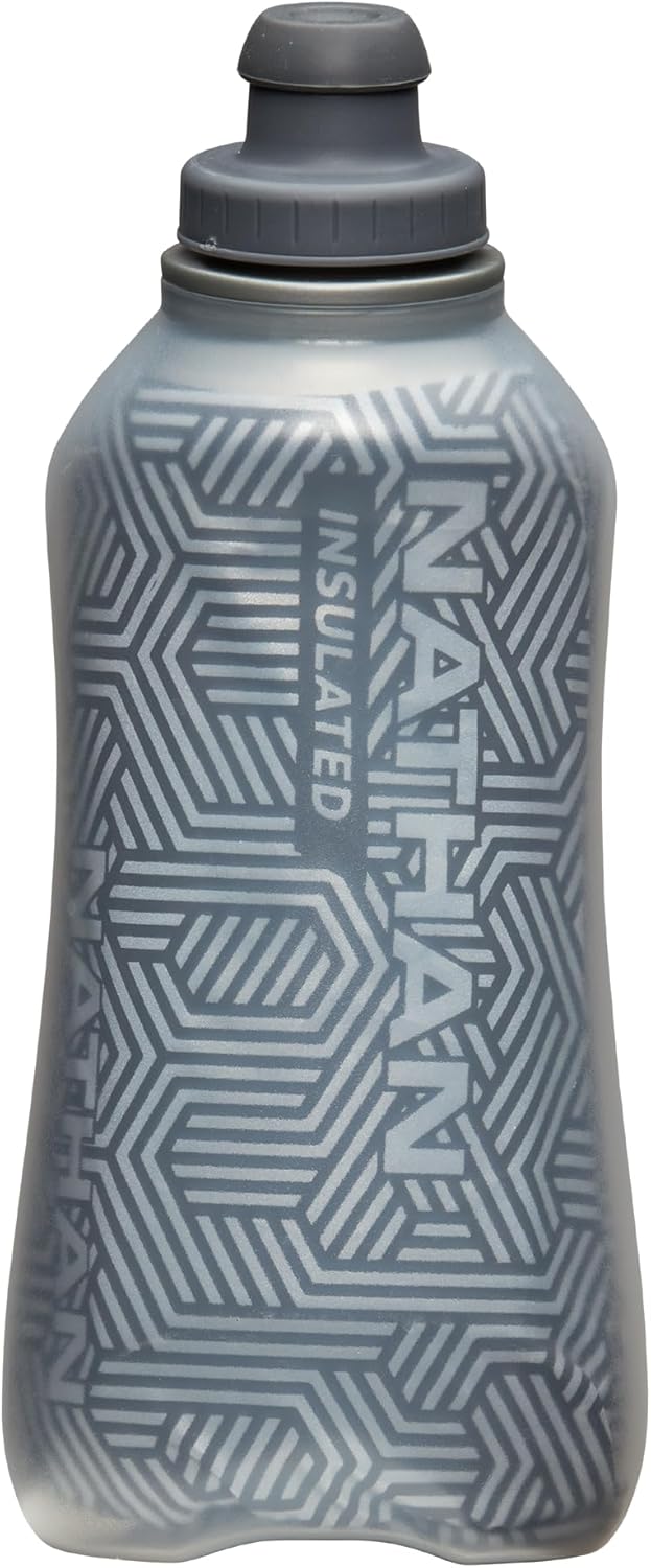 Nathan SpeedDraw 2 Insulated Handheld Running Water Bottle Flask 18oz – Double-Wall Insulation, Ergonomic Grip, Blast Valve Cap, Phone & Key Storage Pockets, Reflective Design