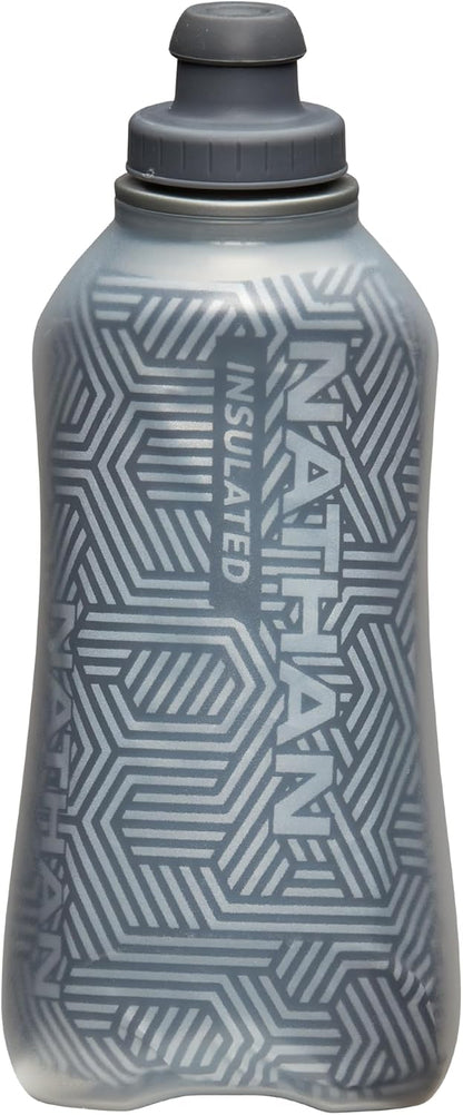 Nathan SpeedDraw 2 Insulated Handheld Running Water Bottle Flask 18oz – Double-Wall Insulation, Ergonomic Grip, Blast Valve Cap, Phone & Key Storage Pockets, Reflective Design