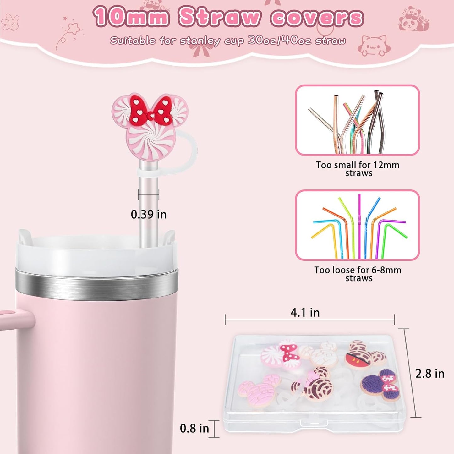 6PCS Straw Covers for Stanley Cup Tumbler 30 oz / 40 oz Leak Proof Straw Toppers 10mm Silicone Cute Straw Stopper Caps for Stanley Cup Accessories-Pink Mice