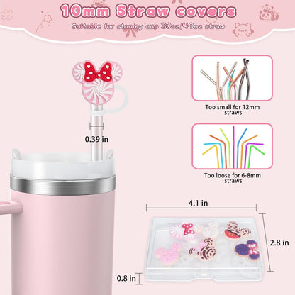 6PCS Straw Covers for Stanley Cup Tumbler 30 oz / 40 oz Leak Proof Straw Toppers 10mm Silicone Cute Straw Stopper Caps for Stanley Cup Accessories-Pink Mice