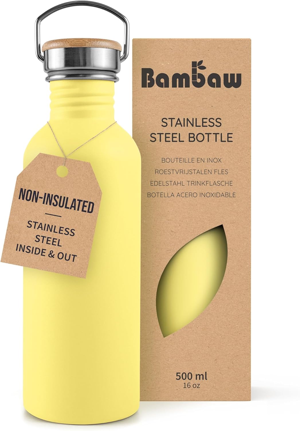 Bambaw Stainless Steel Water Bottles 32 oz, Non-insulated Single Wall Metal Water Bottle Stainless Steel, Reusable & Eco Friendly, Dishwasher Safe – Silver | Non-insulated