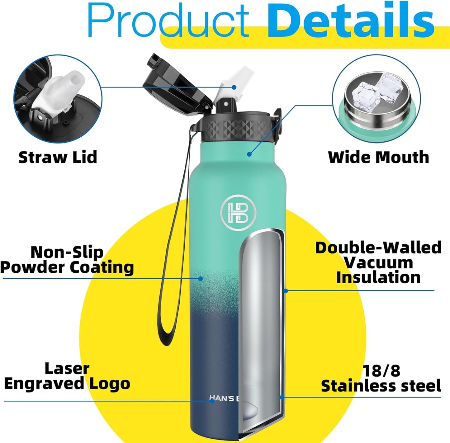 Han's Bottle Sports Water Bottle - 24 Oz, Straw Lid, Leak Proof, Vacuum Insulated Stainless Steel, Double Walled, Thermo Mug,Black