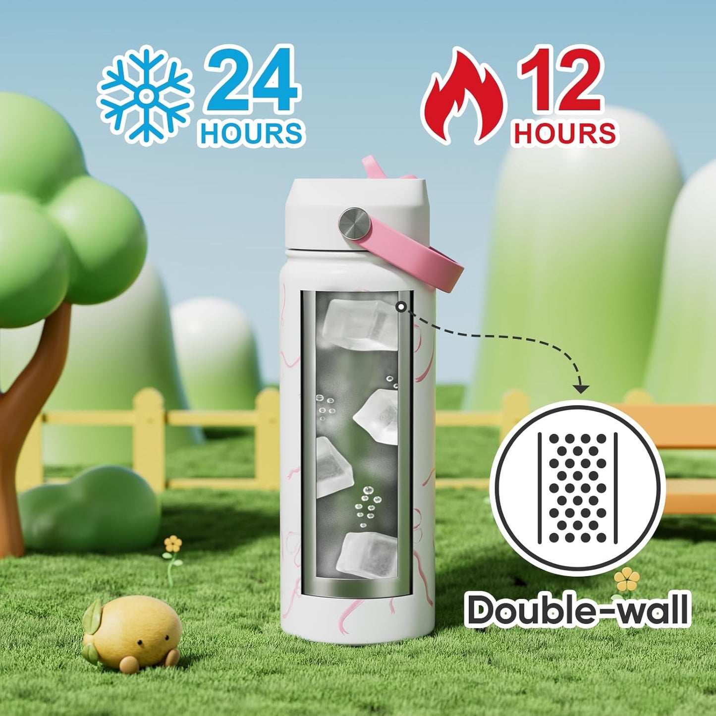KEWIXY Kids Water Bottle for School, Easy Slide Lid, Leak Proof, Keep Cold 24H, Vacuum Insulated Tumbler, Metal Stainless Steel with Straw and Handle, for Boys&Girls (18OZ, Candy Pink)