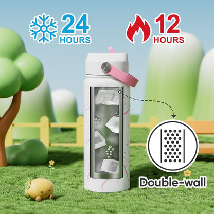 KEWIXY Kids Water Bottle for School, Easy Slide Lid, Leak Proof, Keep Cold 24H, Vacuum Insulated Tumbler, Metal Stainless Steel with Straw and Handle, for Boys&Girls (18OZ, Candy Pink)