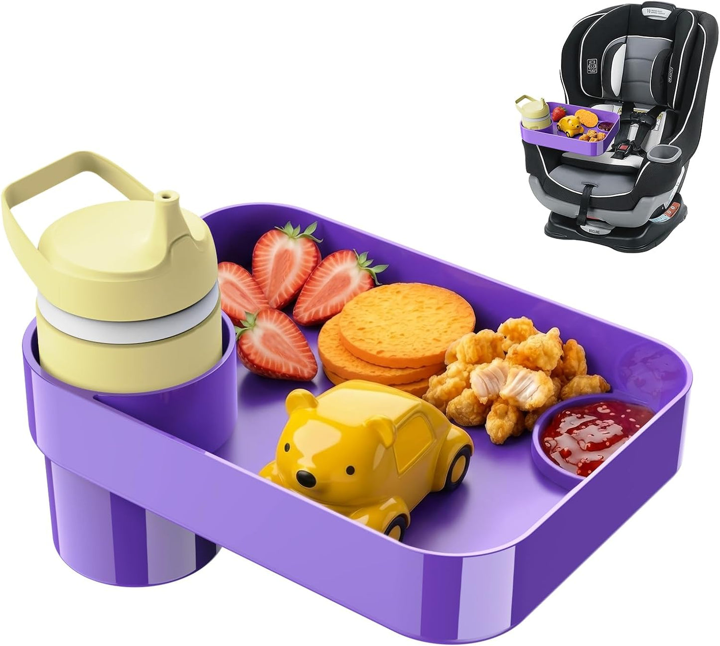 Car Seat Snack Tray for Toddlers - 3 Inch Cup Holder Fits Most Sippy Cups & Straw Bottles with Dip Well, Mess-Free Square Kids Travel Tray Road Trip Essentials, Black