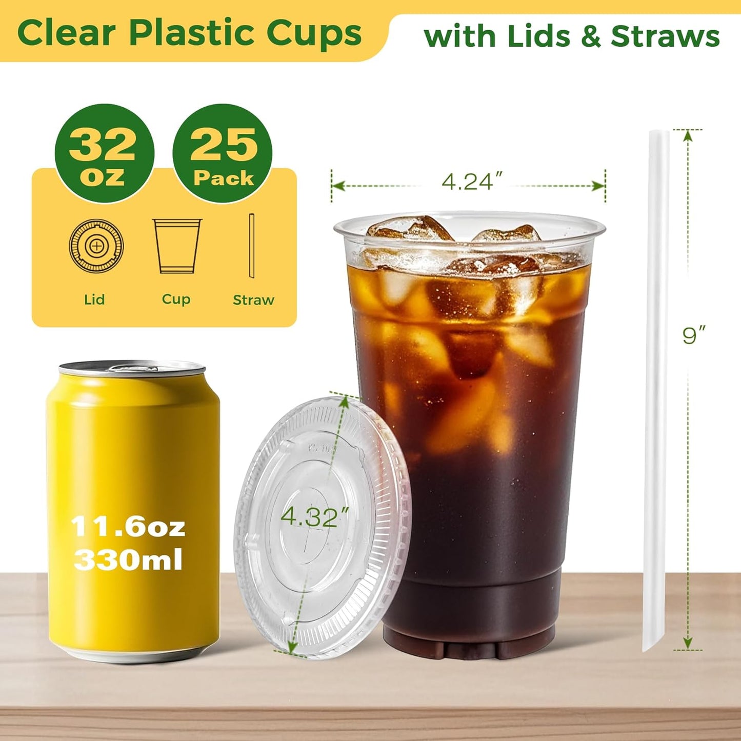 Charmount 32 oz Clear Plastic Cups with Lids and Jumbo Boba Straws, Disposable To Go Cups for Iced Coffee, Milkshake, Smoothies, Boba Milk Tea, Matcha Latte – 25 Sets