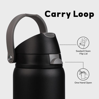 24 oz Stainless Steel Water Bottle with 2-in-1 Quick Flip Straw and Push Button Spout Lid, Fits Car Cupholder, Triple Walled Vacuum Insulated Metal Leakproof, for Gym, Hiking, Trip, Black