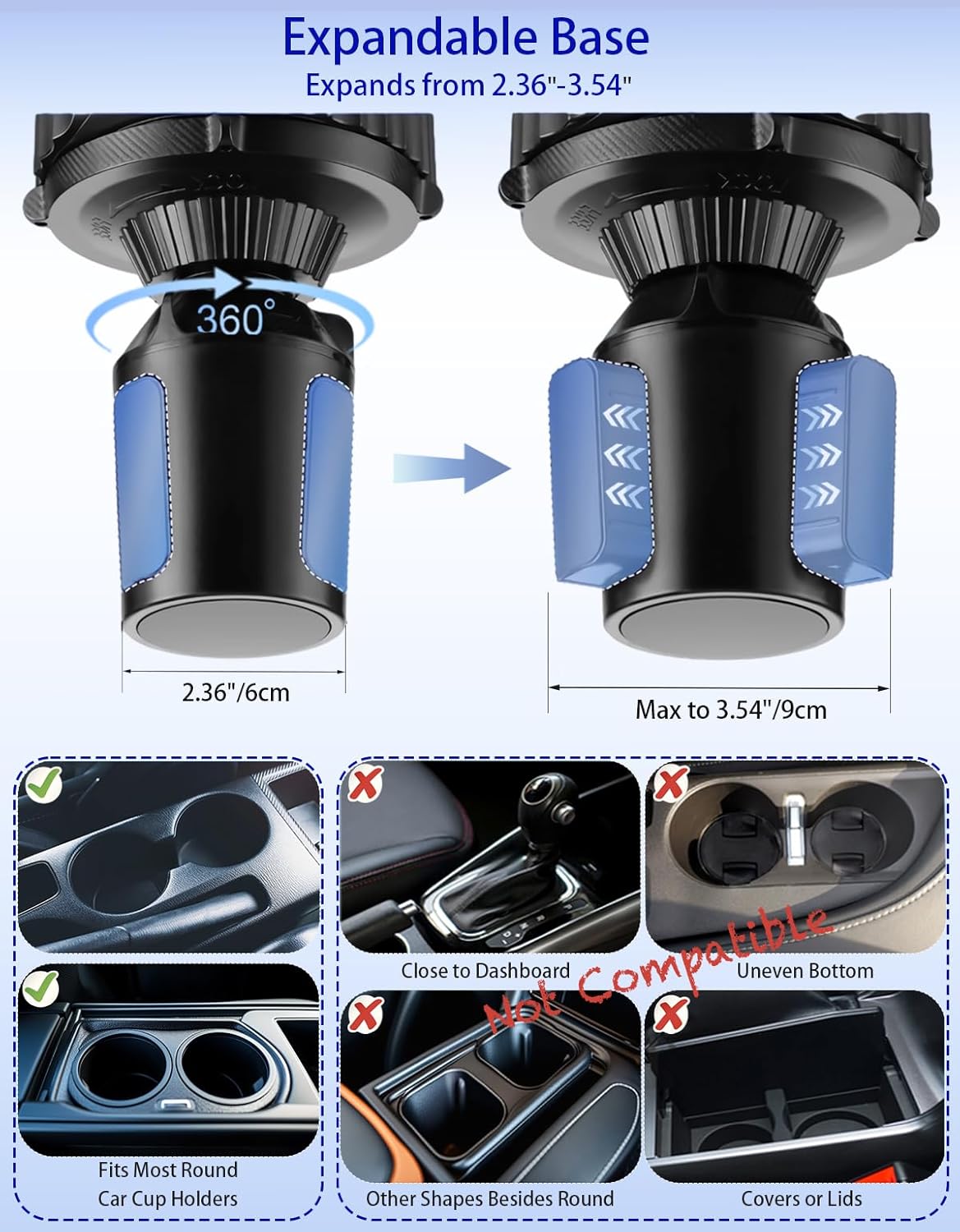 Car Cup Holder Tray - 4 in 1 Adjustable Car Cup Holder Expander with Food Tray Table and Phone Mount 360° Swivel for All Purpose, Automotive Essentials for Driver and Front Passenger