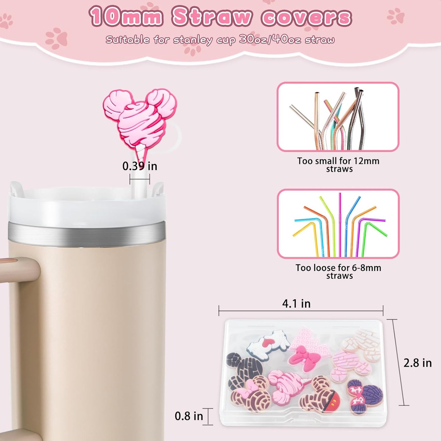 6PCS Straw Covers for Stanley Cup Tumbler 30 oz / 40 oz Leak Proof Straw Toppers 10mm Silicone Cute Straw Stopper Caps for Stanley Cup Accessories-Pink Mice