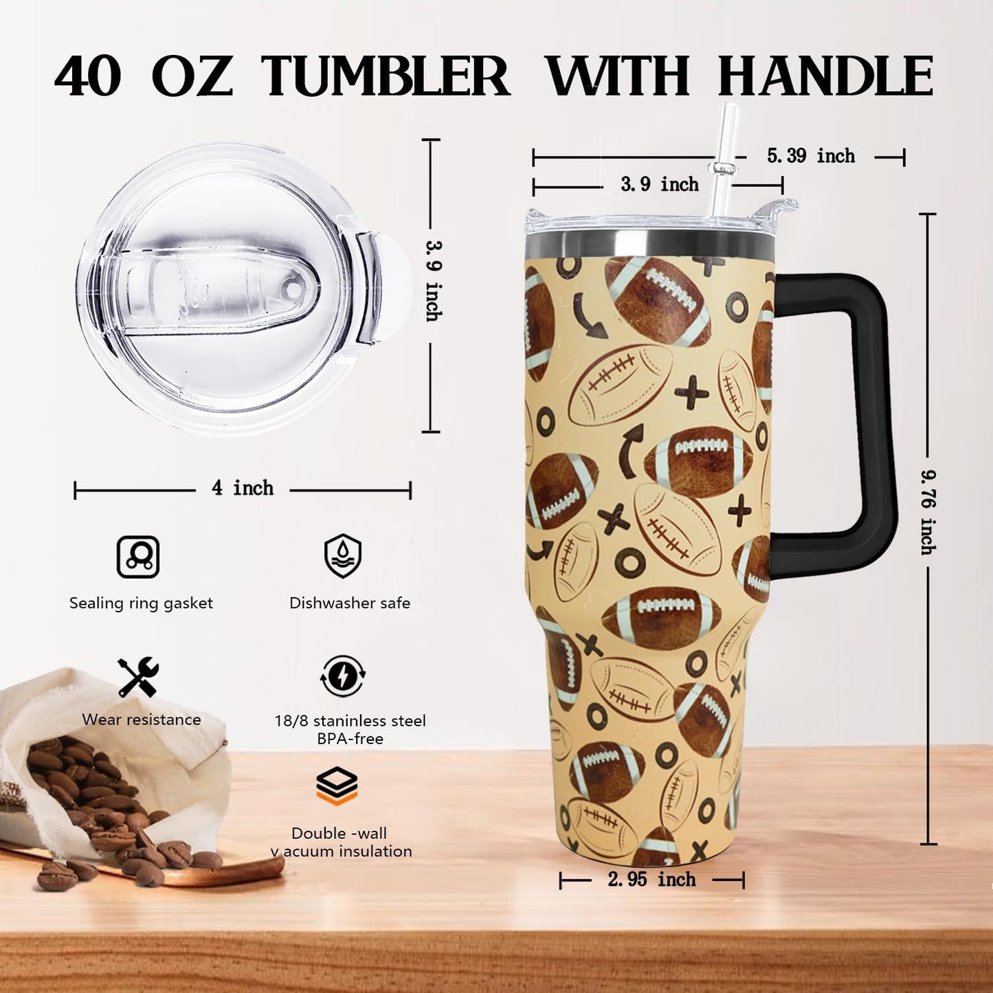 Ceovfoi 40 oz Pickleball Coffee Mug Vacuum Insulated Travel Tumbler with Handle, Lid & Straw - Perfect Pickleball Gifts for Players, Coaches, Lovers | Pickleball Accessories